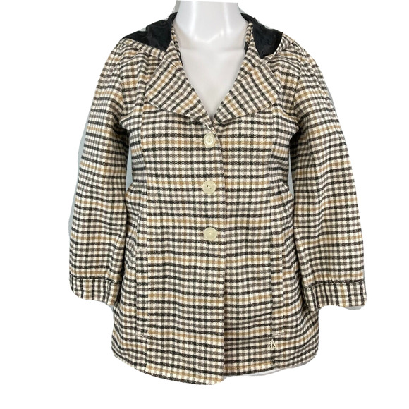 Volcom Jacket Womens Sz S Beige Plaid Cotton 3/4 Sleeve Hooded Button Up Pockets - Picture 1 of 9